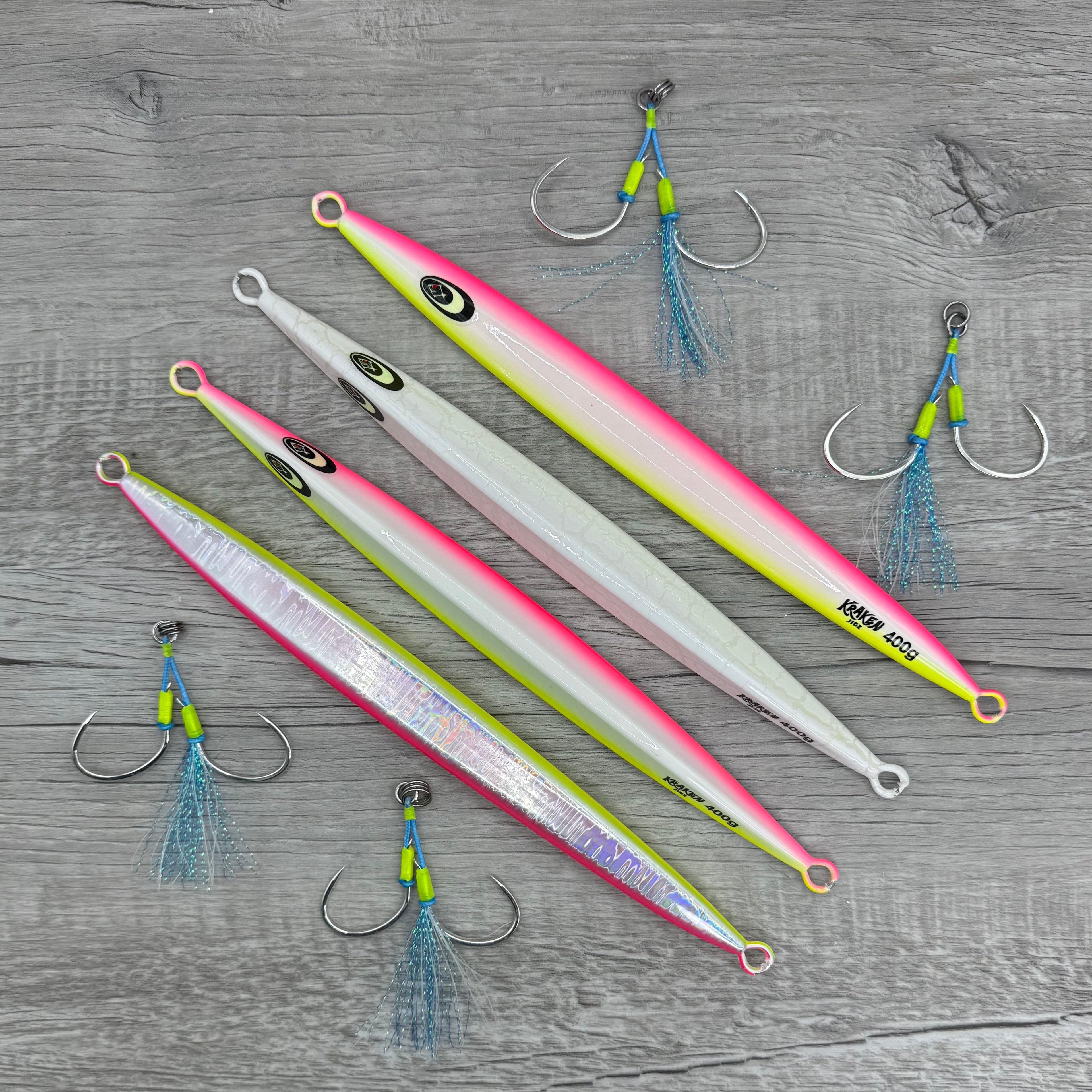 Assortment of slow pitch jigs with jigging hooks